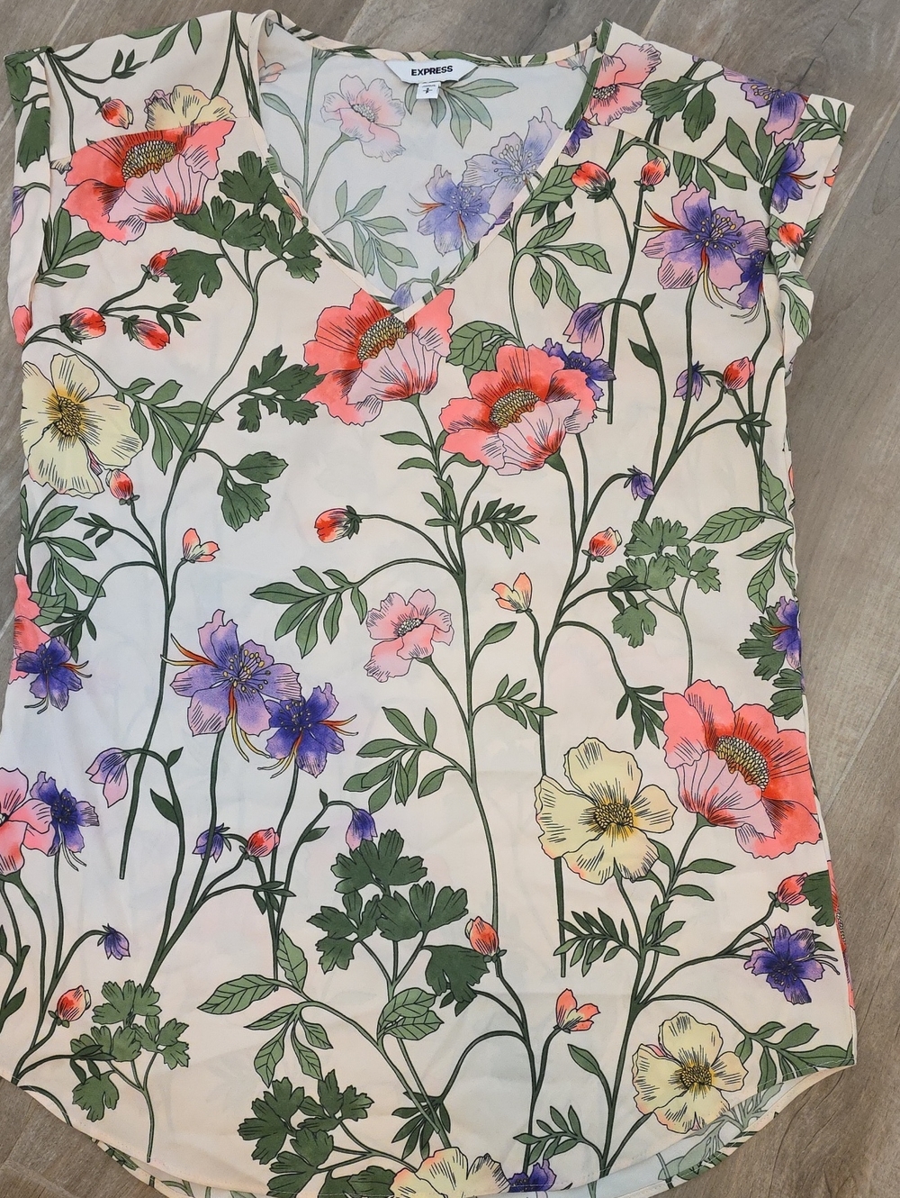 Express Floral V-Neck Cap Sleeve Top - Coral, Purple, Cream, Yellow, Green